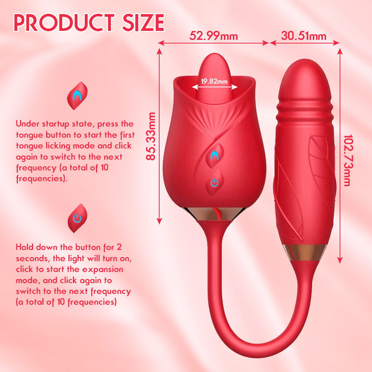 RoxyPleasure 2in1 Rose Sex Toy Vibrator with Dildo Rose Sex Toy Gen2-3 Product Size